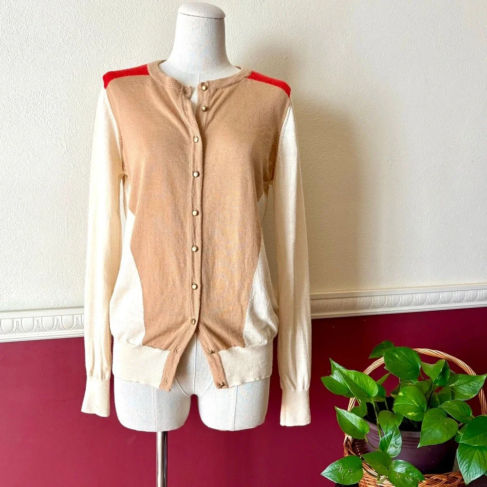 Sezane Virgin Wool Colorblock Cardigan Tan Cream Red L Quiet Luxury Chic Stretch